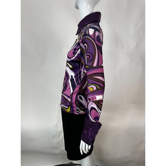 Psychedelic Patterned Jacket With Sequin Collar & Cuffs Sz Lg Zip Front Polyeste - Picture 5 of 16